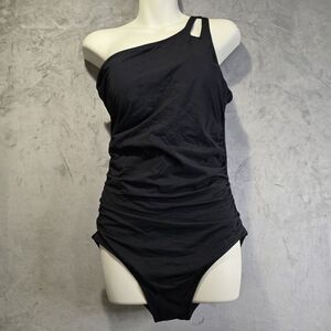 Holipick One Piece‎ Swimsuit Size XL Black One Shoulder Ruched Tummy Control